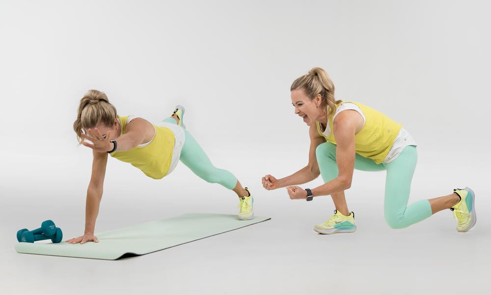 double image of alex in yellow shifrt with green pants first performing an exercise on the mat and the second cheering on the first for 28 day challenge workouts